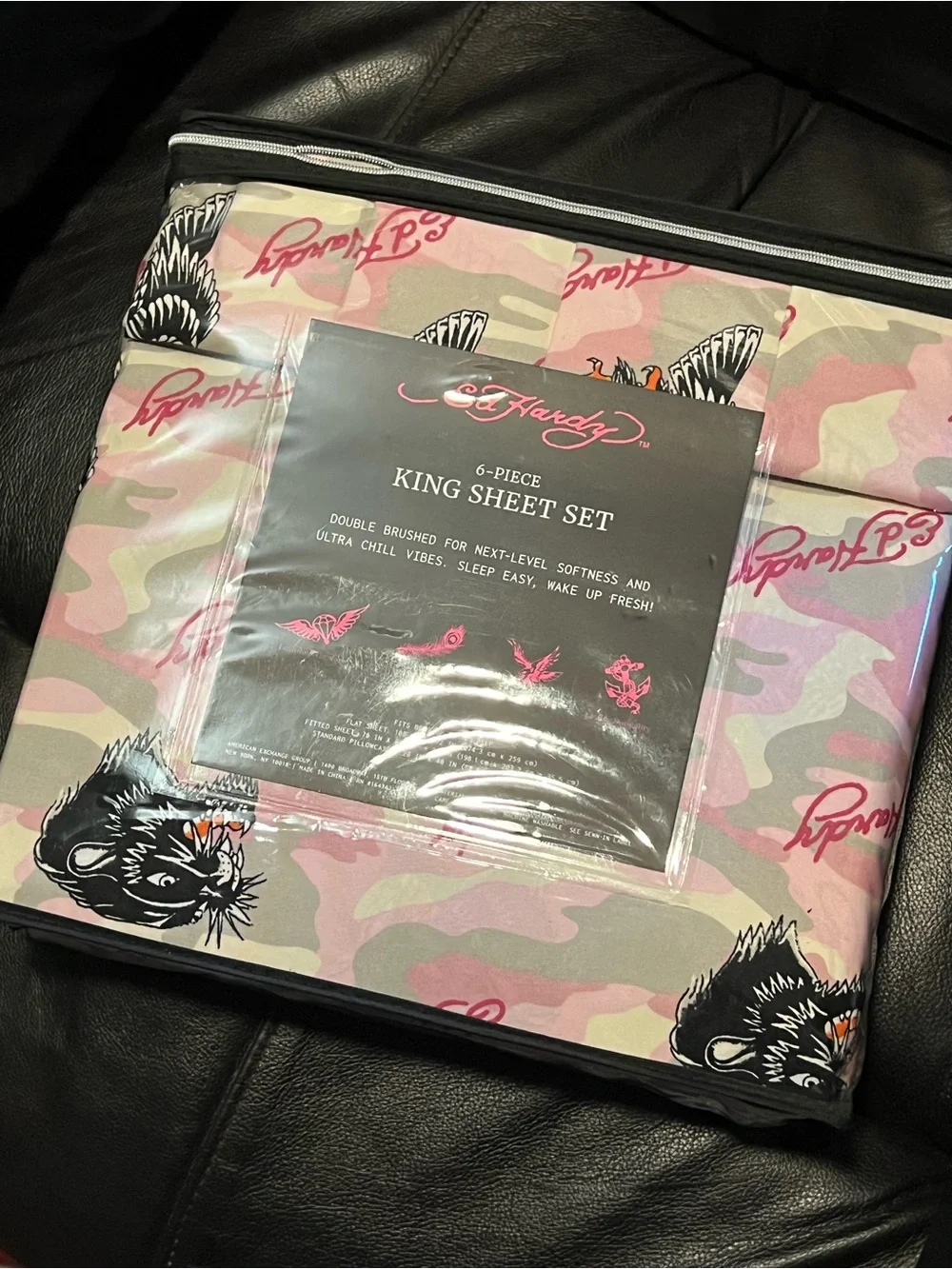 Ed Hardy Pink Camo King Sheet Set with Signature Graphics